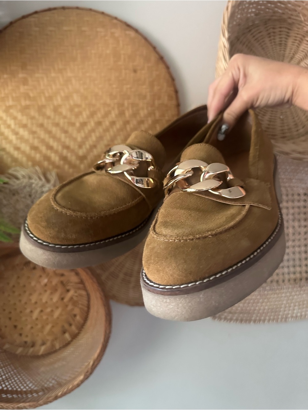 Anthropologie Suede Loafers with Gold Chain Trim in Tan - Picture 2 of 7